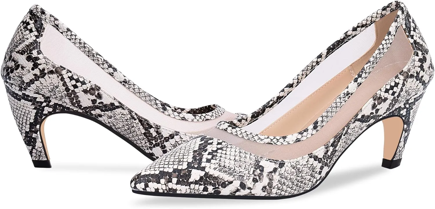 100FIXEO Women's Pointed Toe Mid Heel Pumps Snakeskin Print Mesh Slip On Dress Shoes