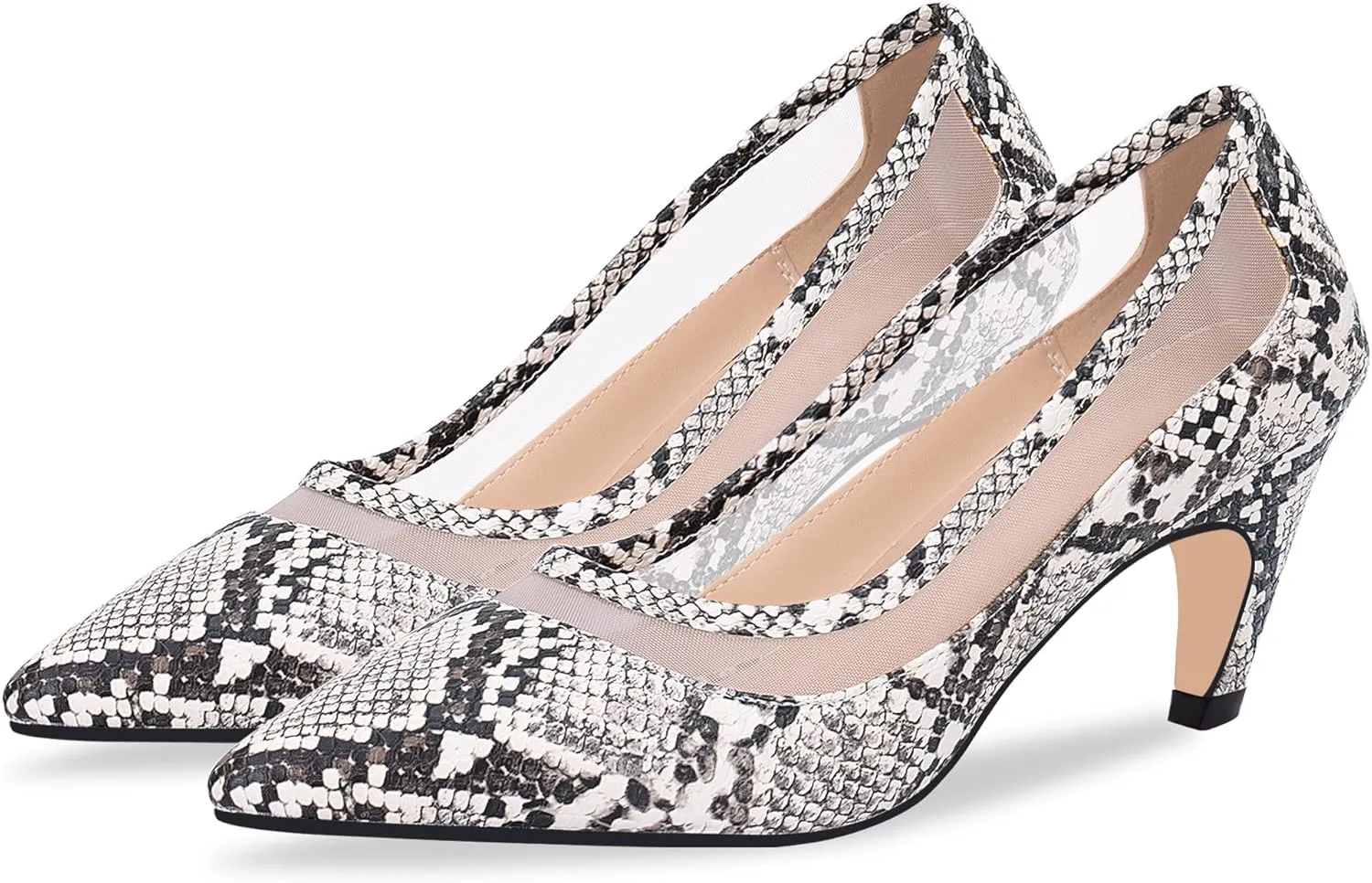 100FIXEO Women's Pointed Toe Mid Heel Pumps Snakeskin Print Mesh Slip On Dress Shoes