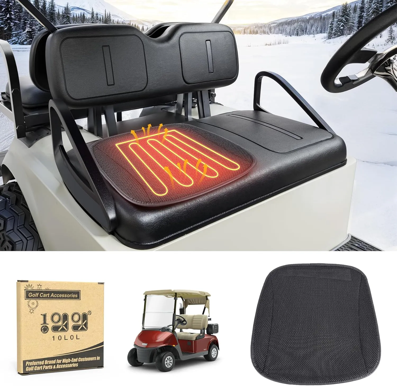 10L0L Heated Golf Cart Seat Covers with Non-Slip - Heating Seat Pad for Yamaha EZGO Club Cart with Fast Heat Three-Speed Heating Temperature Adjustment and Automatic Shut-Off Black