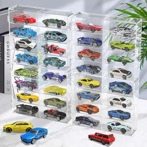 1/64 Scale Toy Cars Display Case for Matchbox Hot Wheels Hold 32 Toy Cars Storage Case Organizer Box Wall Display Clear Model Car Case Holder Container Shelf 6.5 X 7.5 X 1.6 Inch 4 Pack