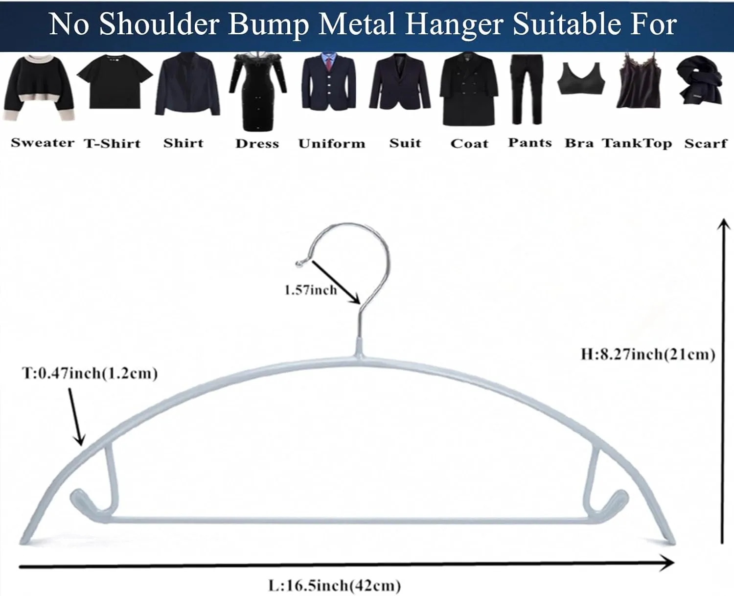 16.5 Inch Pack of 20 No Shoulder Bumps Non-Slip Rubber Coating Contour Metal No Bumps Hanger, Sweater Hanger, Suit Hanger with Pants Bar (Silver, 20)