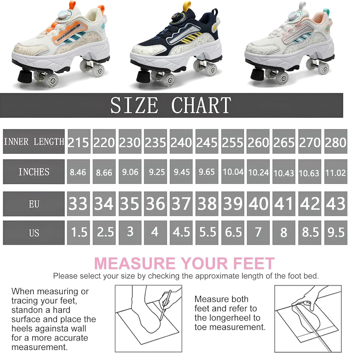 2 in 1 Deformation Roller Shoes, Roller Skate Shoes Outdoor with Detachable Brake Removable Pulley Skates Sneakers Skating Parkour with Wheels for Girls Boys