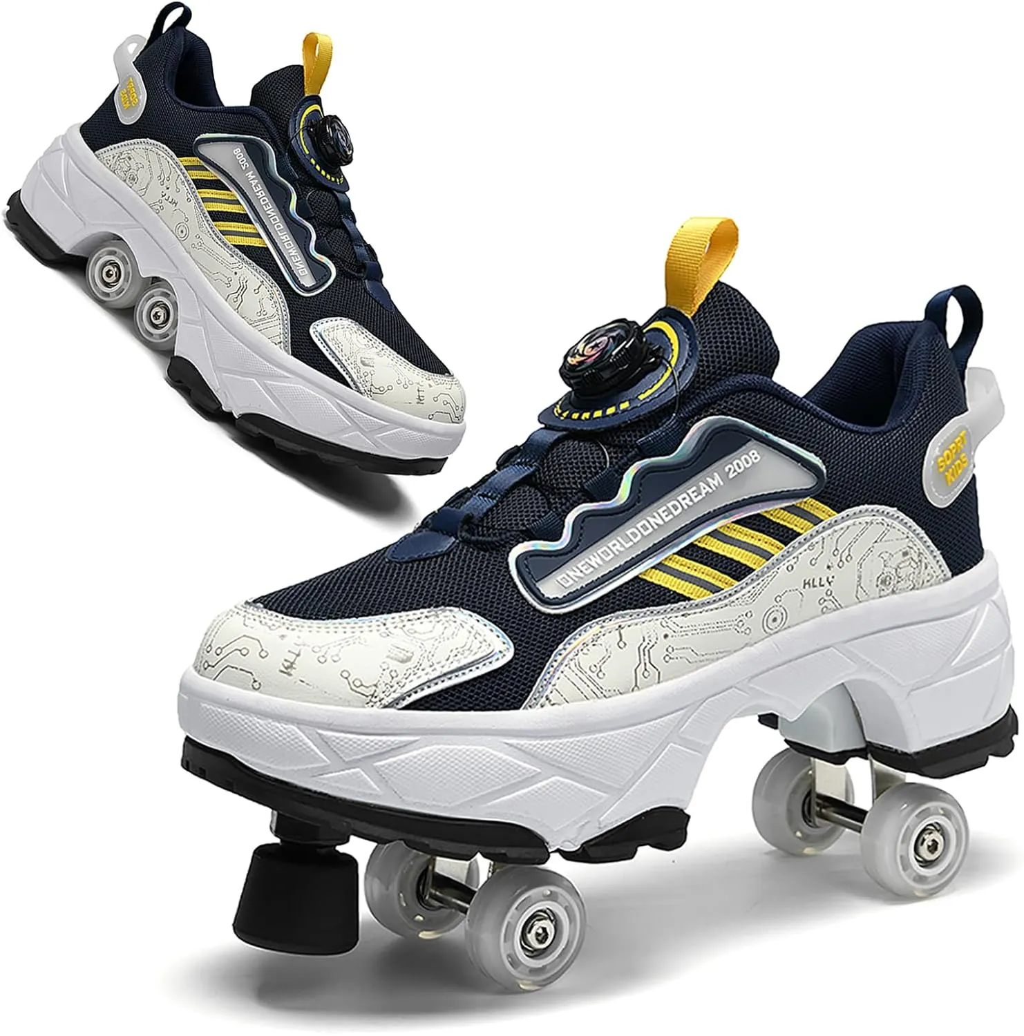 2 in 1 Deformation Roller Shoes, Roller Skate Shoes Outdoor with Detachable Brake Removable Pulley Skates Sneakers Skating Parkour with Wheels for Girls Boys