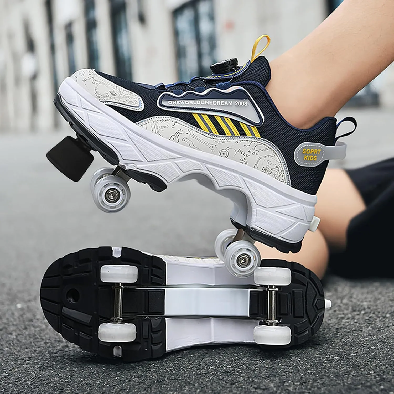 2 in 1 Deformation Roller Shoes, Roller Skate Shoes Outdoor with Detachable Brake Removable Pulley Skates Sneakers Skating Parkour with Wheels for Girls Boys
