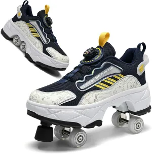 2 in 1 Deformation Roller Shoes, Roller Skate Shoes Outdoor with Detachable Brake Removable Pulley Skates Sneakers Skating Parkour with Wheels for Girls Boys