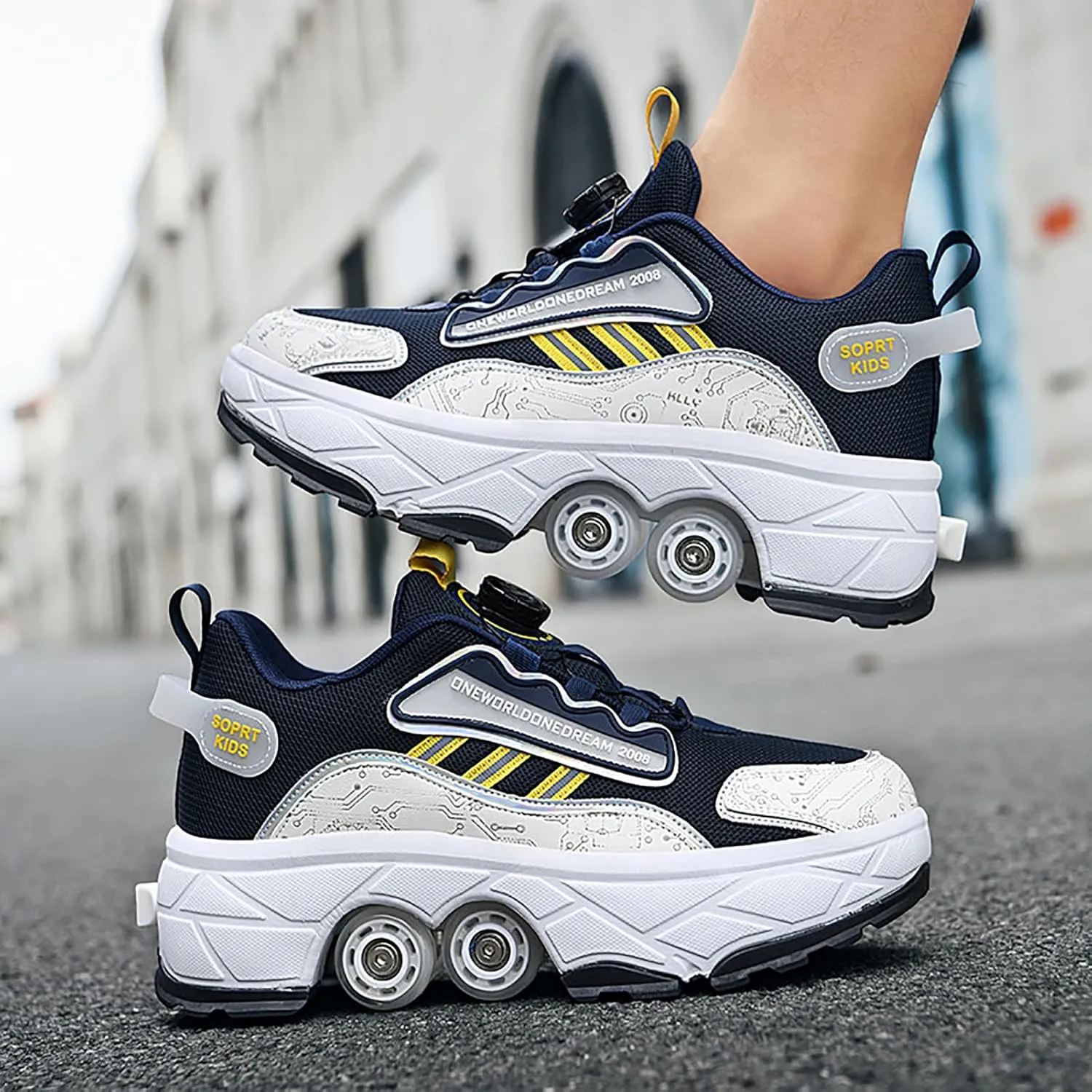 2 in 1 Deformation Roller Shoes, Roller Skate Shoes Outdoor with Detachable Brake Removable Pulley Skates Sneakers Skating Parkour with Wheels for Girls Boys