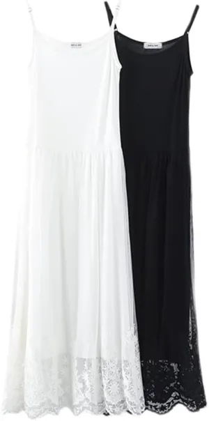 2 Pieces Women Long Full Slip Extender with Floral Lace Trim for Under Dresses