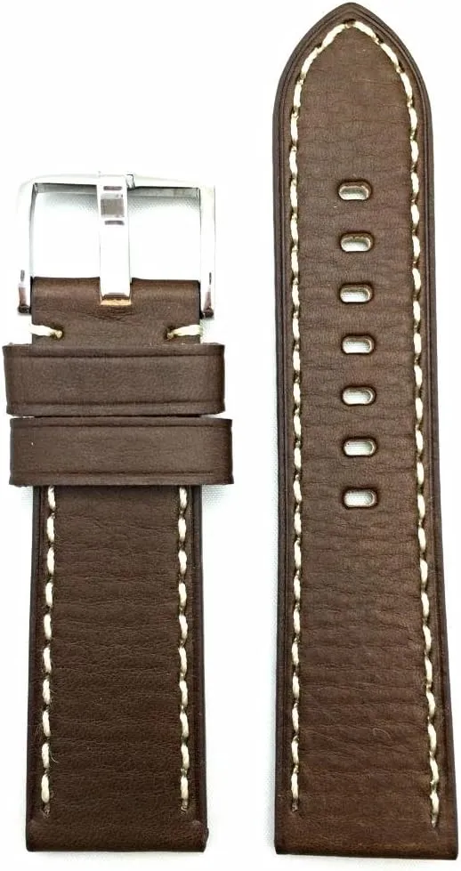 24mm Brown Leather Watch Band Compatible with Panerai Watch | Thick, Flat Padded Replacement Wrist Strap Bracelet with Contrasting OffWhite Stitches that brings New Life to Any Watch (Mens Standard