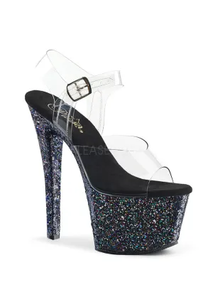 7" Heel, 2 3/4" PF Ankle Strap Sandal w/ Glitter Bottom