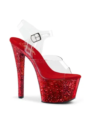 7" Heel, 2 3/4" PF Ankle Strap Sandal w/ Glitter Bottom