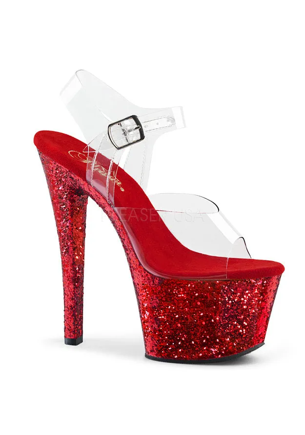 7" Heel, 2 3/4" PF Ankle Strap Sandal w/ Glitter Bottom