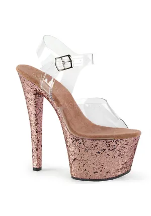 7" Heel, 2 3/4" PF Ankle Strap Sandal w/ Glitter Bottom
