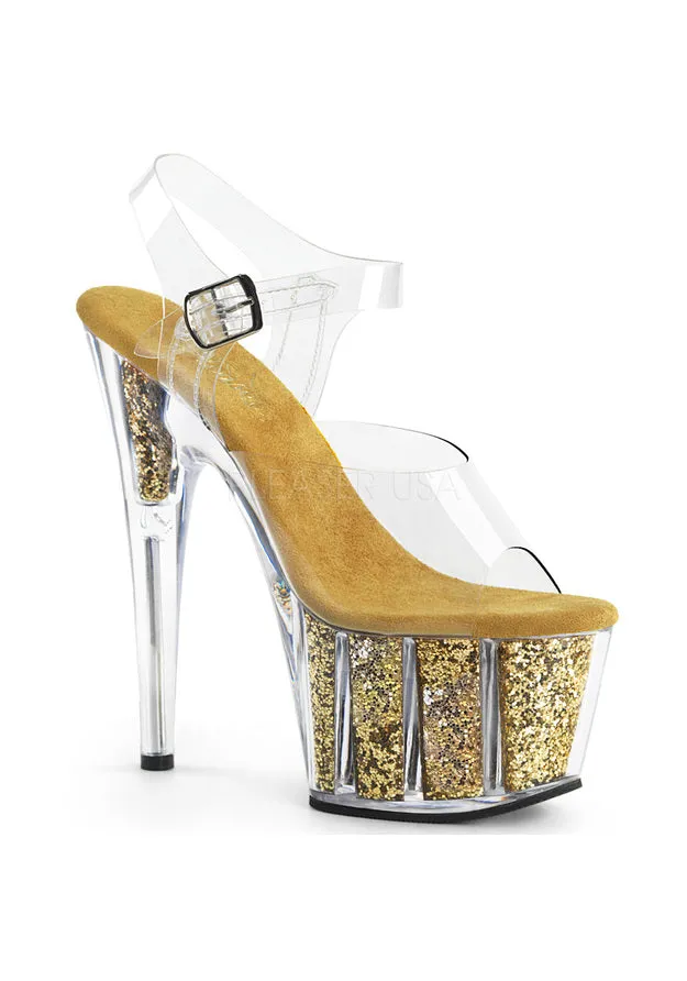 7" Heel, 2 3/4" PF Ankle Strap Sandal w/ Glitter Inserts
