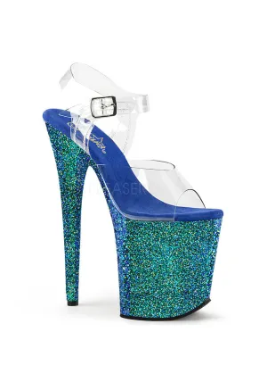 8" Heel, 4" PF Ankle Strap Sandal w/ Glitter Bottom