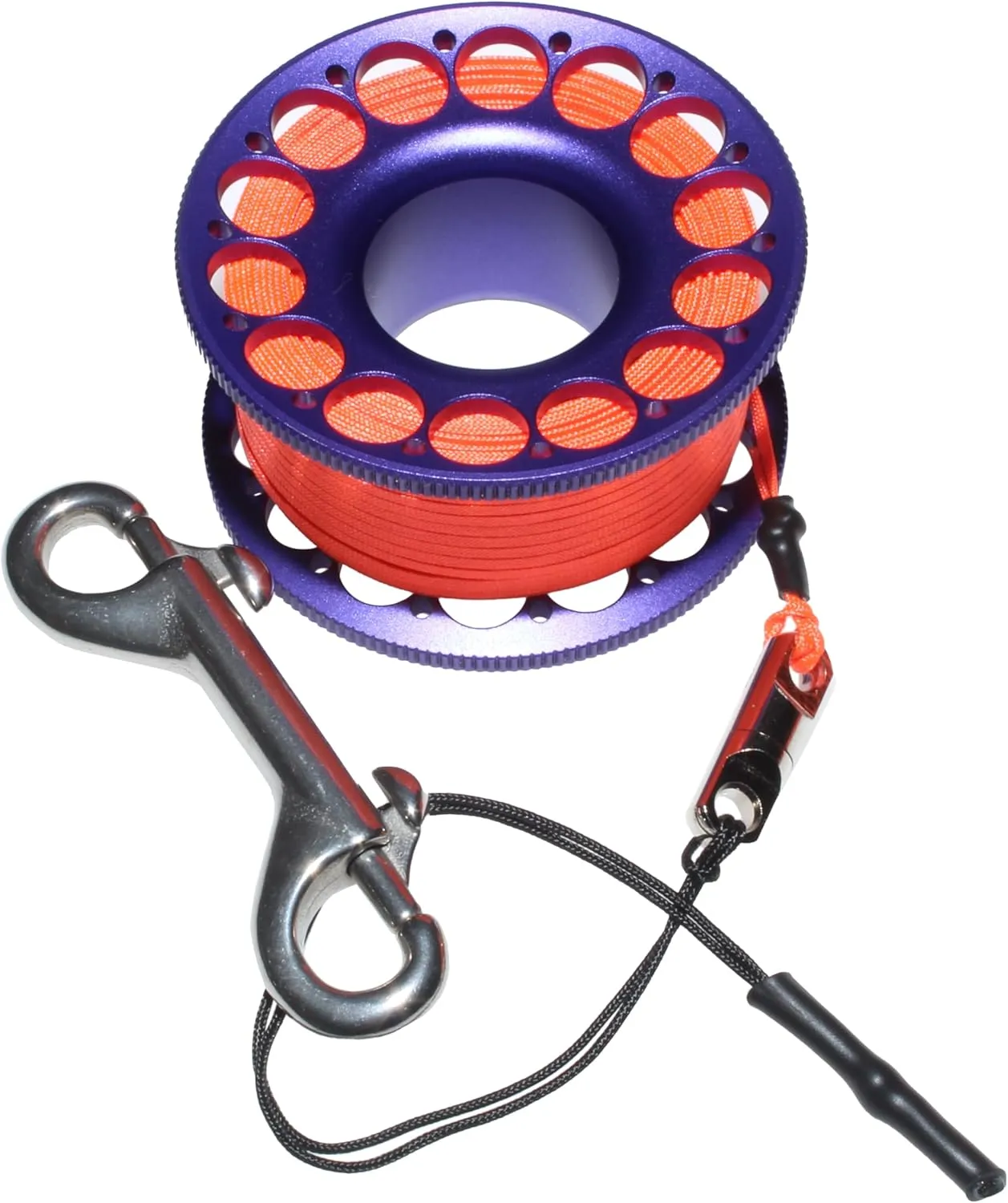 98FT SCUBA DIVING REEL – Aluminum Spool with Dual-Ended Snap, Vibrant Orange Anti-Twist Nylon Line, Large Center Opening & Hanging Buckle for Wreck/Reef Diving (PURPLE)