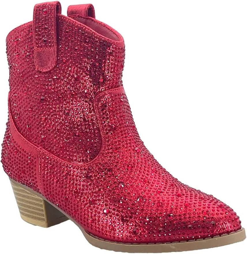 ABSOLEX Girl's Rhinestone Block Chunky Heel Ankle Bootie