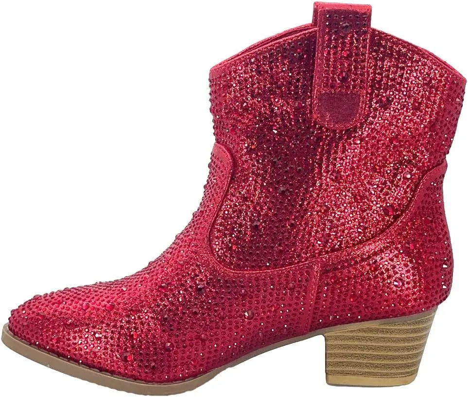 ABSOLEX Girl's Rhinestone Block Chunky Heel Ankle Bootie