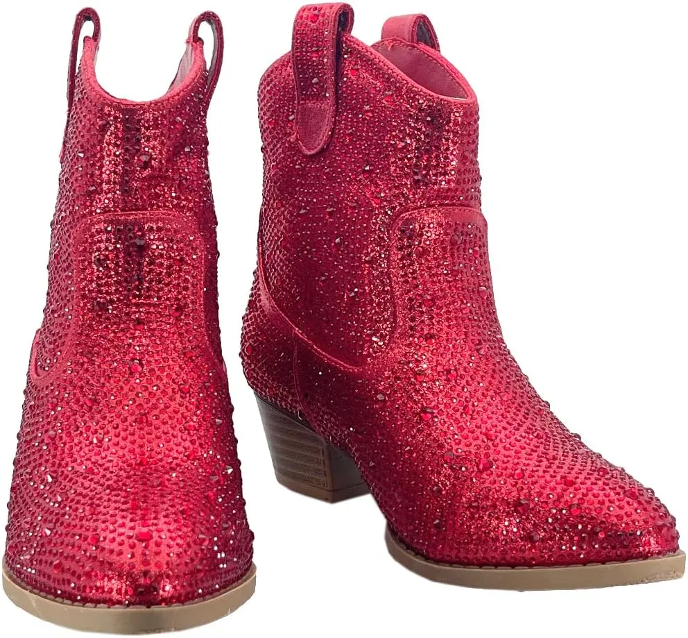 ABSOLEX Girl's Rhinestone Block Chunky Heel Ankle Bootie