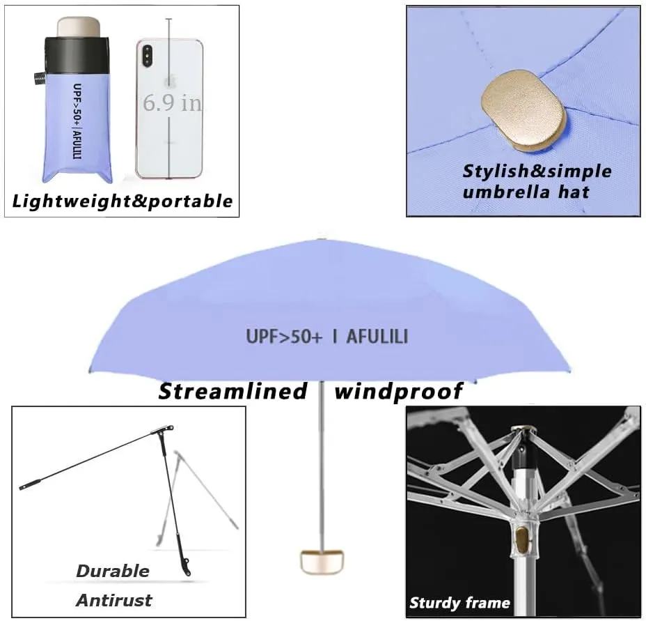 AFULILI Small Compact Travel Umbrella UV Protection Mini Umbrella Perfect for Travel Lightweight Portable Parasol Outdoor Sun & Rain Umbrellas