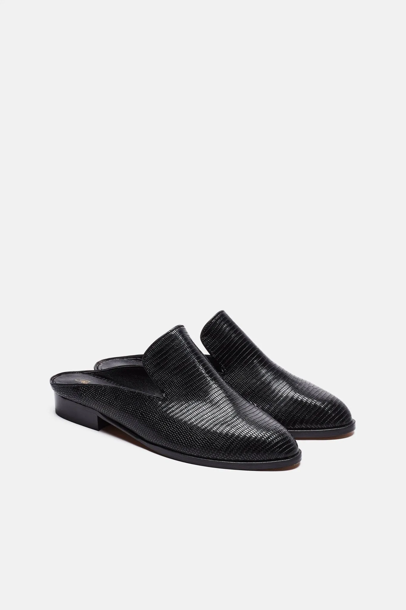 Alice Embossed Lizard Mule - Black