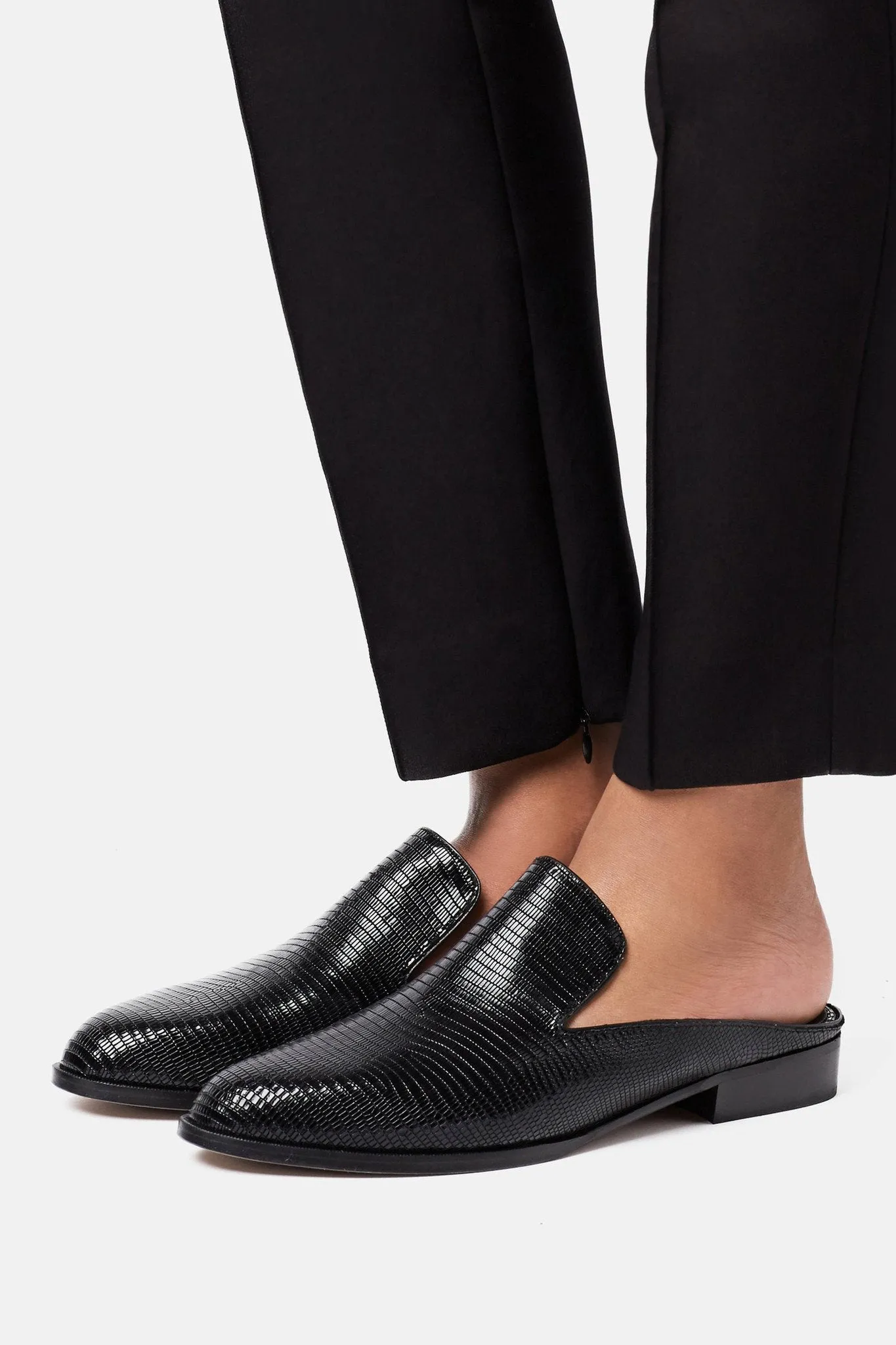 Alice Embossed Lizard Mule - Black