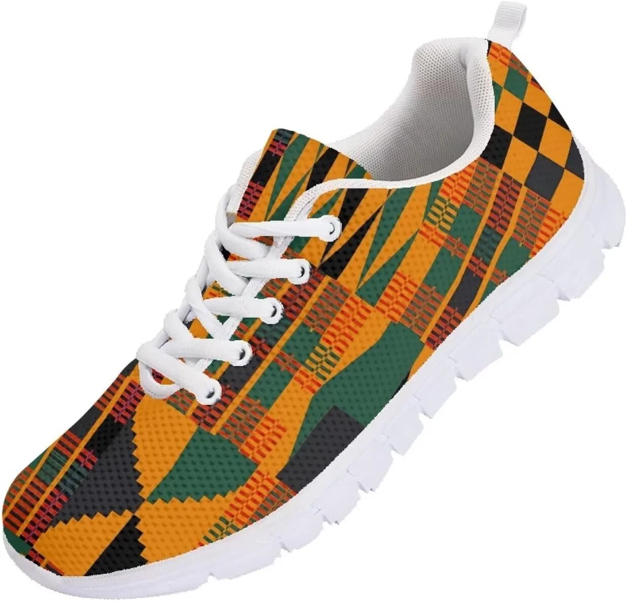AmzPrint American Aztect Kente Ethnic Graphic Tribal Print White Sole African Shoes for Women Men Fashion Casual Sneaker