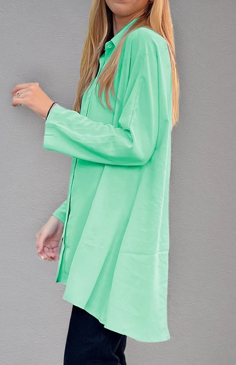 Aoysky Womens Oversized T Shirts Button Down Long Sleeve Shirt V Neck Collar Loose Flowy Blouse