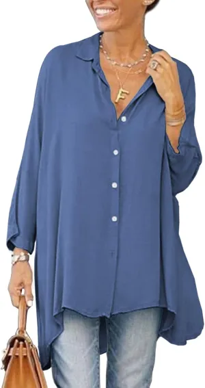 Aoysky Womens Oversized T Shirts Button Down Long Sleeve Shirt V Neck Collar Loose Flowy Blouse