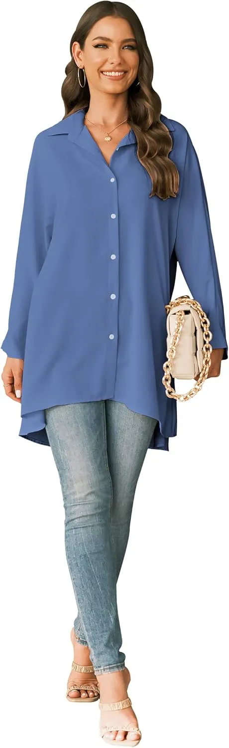 Aoysky Womens Oversized T Shirts Button Down Long Sleeve Shirt V Neck Collar Loose Flowy Blouse