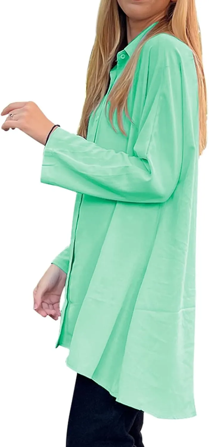 Aoysky Womens Oversized T Shirts Button Down Long Sleeve Shirt V Neck Collar Loose Flowy Blouse
