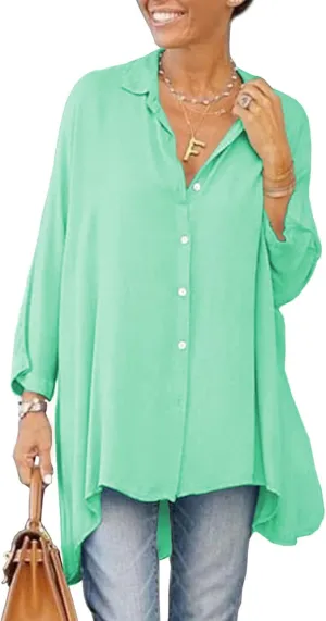 Aoysky Womens Oversized T Shirts Button Down Long Sleeve Shirt V Neck Collar Loose Flowy Blouse