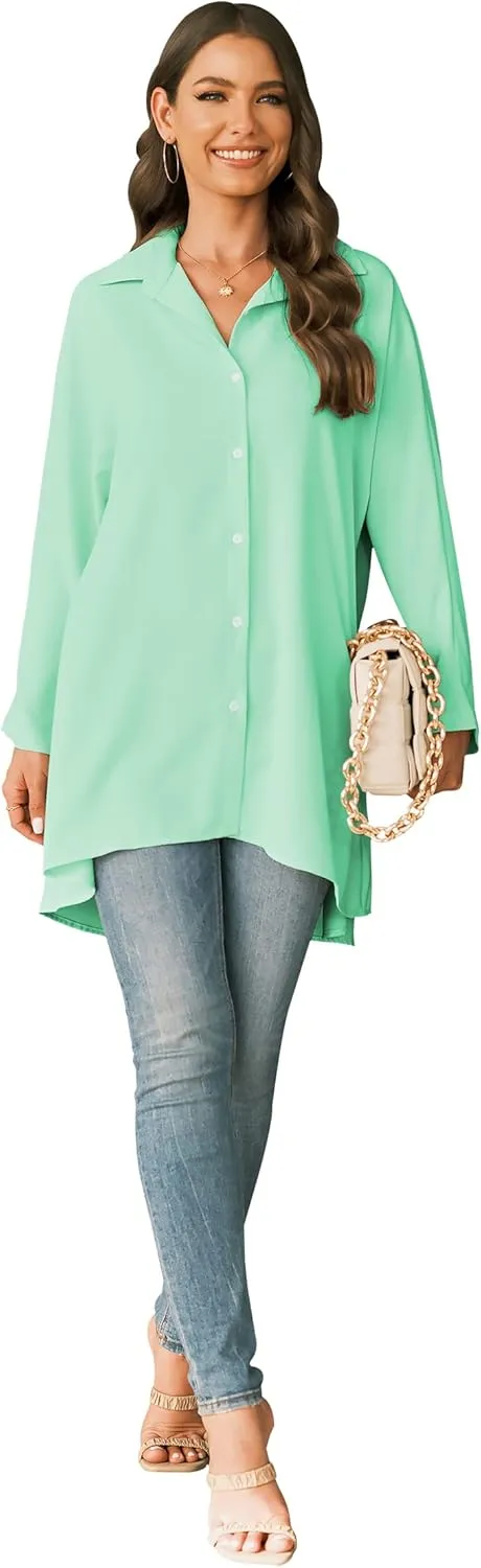 Aoysky Womens Oversized T Shirts Button Down Long Sleeve Shirt V Neck Collar Loose Flowy Blouse