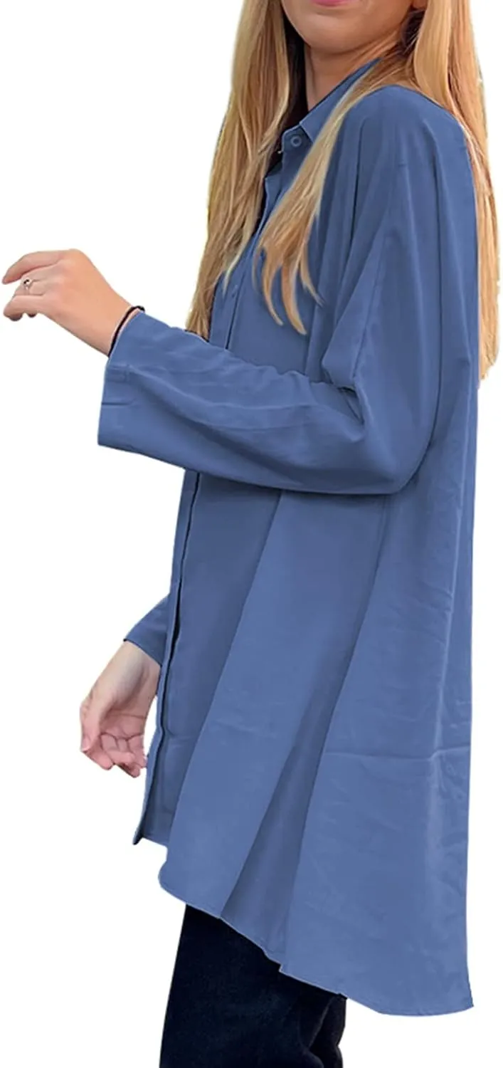 Aoysky Womens Oversized T Shirts Button Down Long Sleeve Shirt V Neck Collar Loose Flowy Blouse