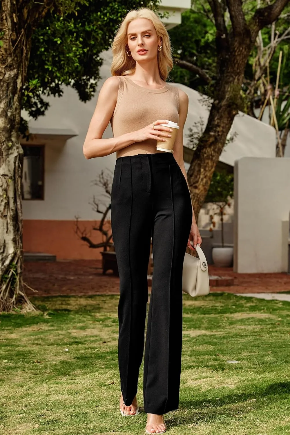 Arach&Cloz 2025 Women's Lightweight Business Casual Work Pants Stretch Wrinkle Free Bootcut Pleated Flared Leg Dress Pants