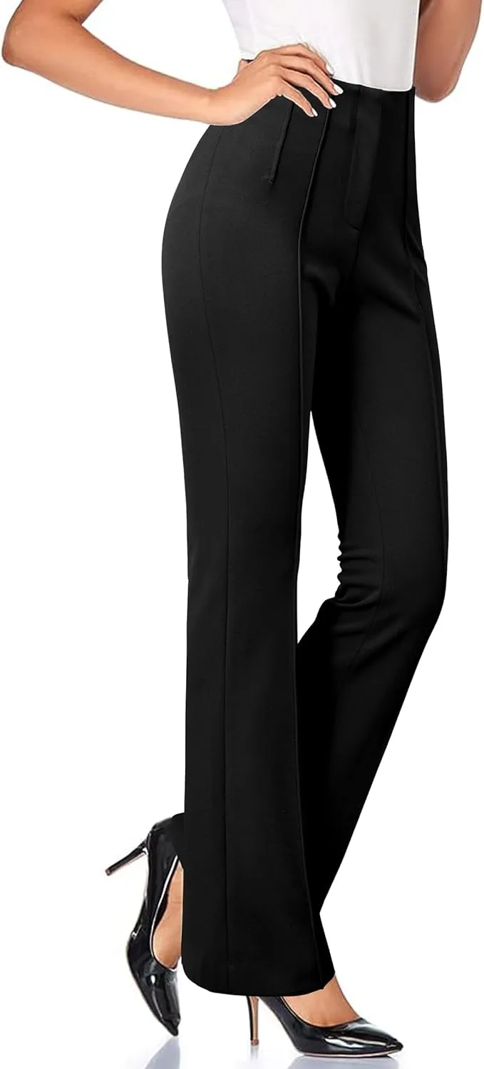 Arach&Cloz 2025 Women's Lightweight Business Casual Work Pants Stretch Wrinkle Free Bootcut Pleated Flared Leg Dress Pants