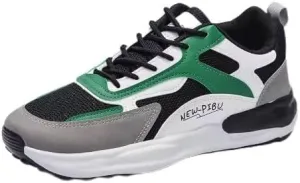 Athletic Running Shoes, Mesh Upper, Non-Slip Rubber Sole, Black White Green