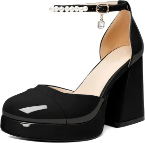 AUMOTED Women Chunky High Heels Platform Block Heels Closed Round Toe Pumps with Pearl Ankle Strap Patent Fashion Ladies Pumps Sandals 4 Inch