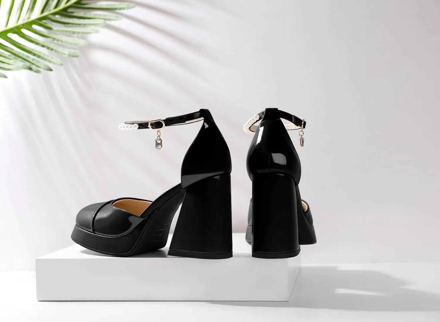 AUMOTED Women Chunky High Heels Platform Block Heels Closed Round Toe Pumps with Pearl Ankle Strap Patent Fashion Ladies Pumps Sandals 4 Inch