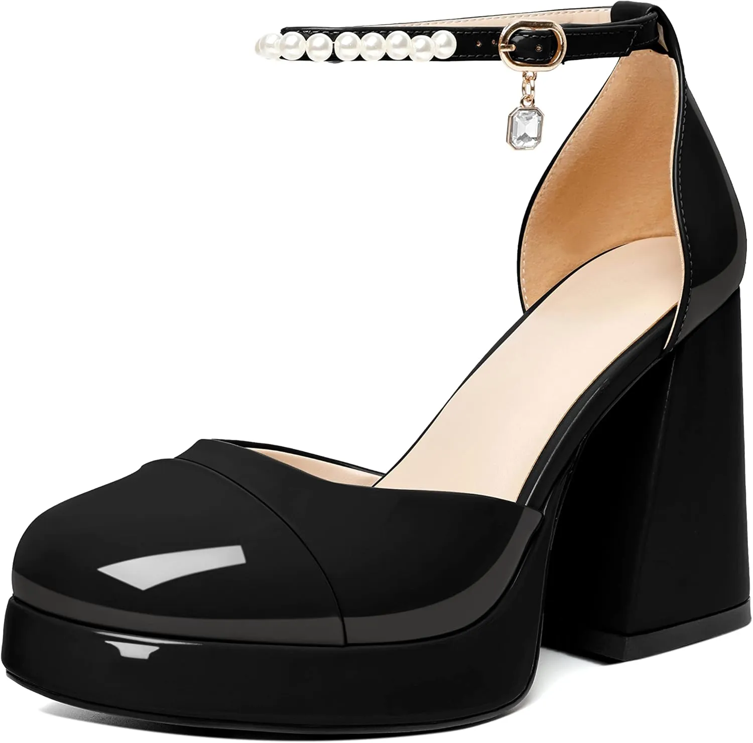 AUMOTED Women Chunky High Heels Platform Block Heels Closed Round Toe Pumps with Pearl Ankle Strap Patent Fashion Ladies Pumps Sandals 4 Inch