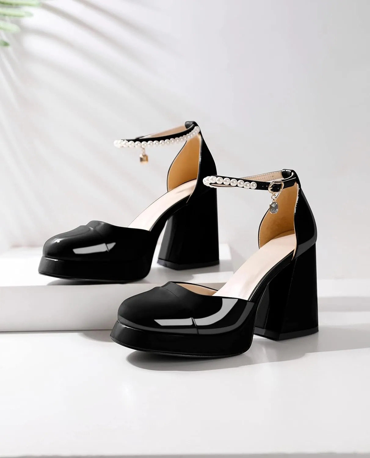 AUMOTED Women Chunky High Heels Platform Block Heels Closed Round Toe Pumps with Pearl Ankle Strap Patent Fashion Ladies Pumps Sandals 4 Inch