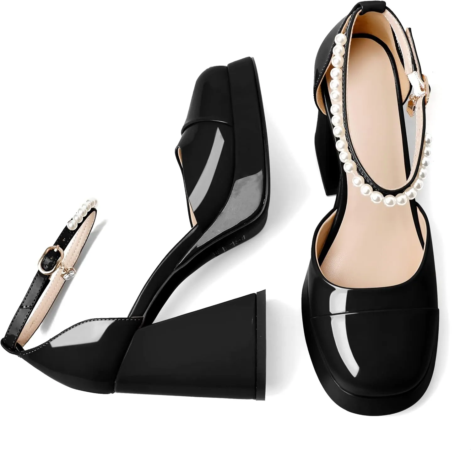 AUMOTED Women Chunky High Heels Platform Block Heels Closed Round Toe Pumps with Pearl Ankle Strap Patent Fashion Ladies Pumps Sandals 4 Inch