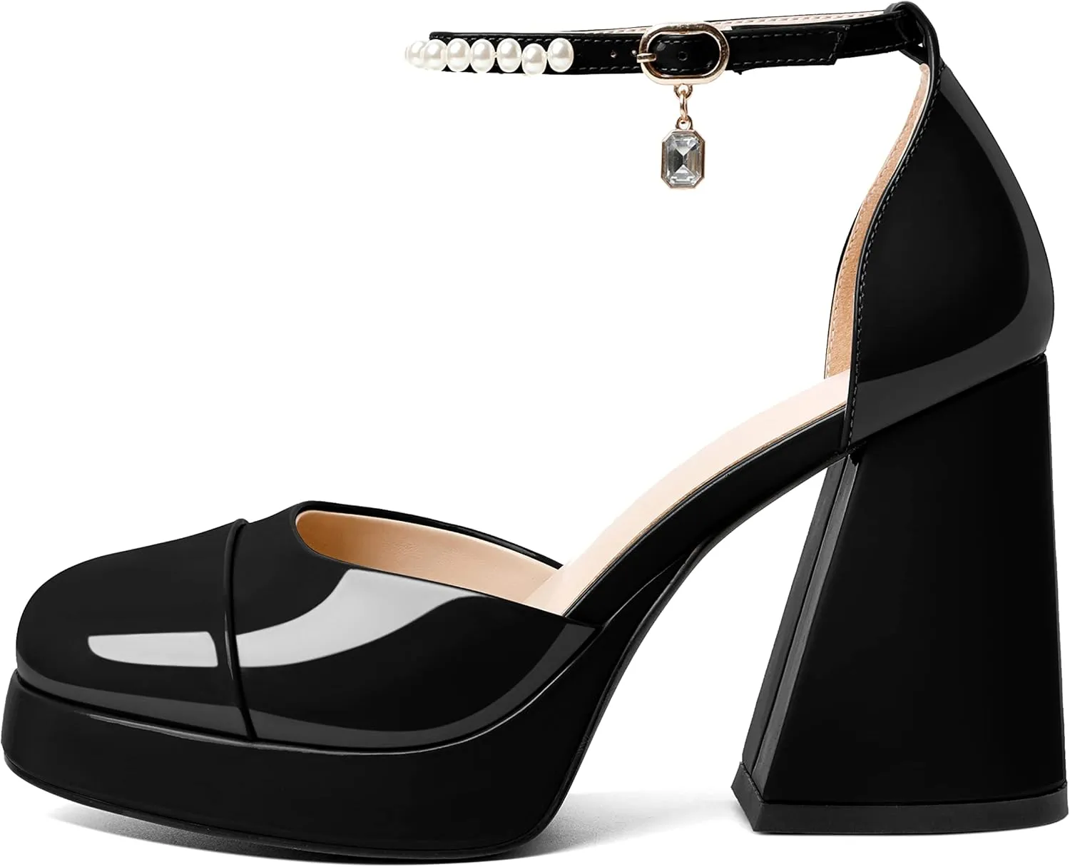 AUMOTED Women Chunky High Heels Platform Block Heels Closed Round Toe Pumps with Pearl Ankle Strap Patent Fashion Ladies Pumps Sandals 4 Inch