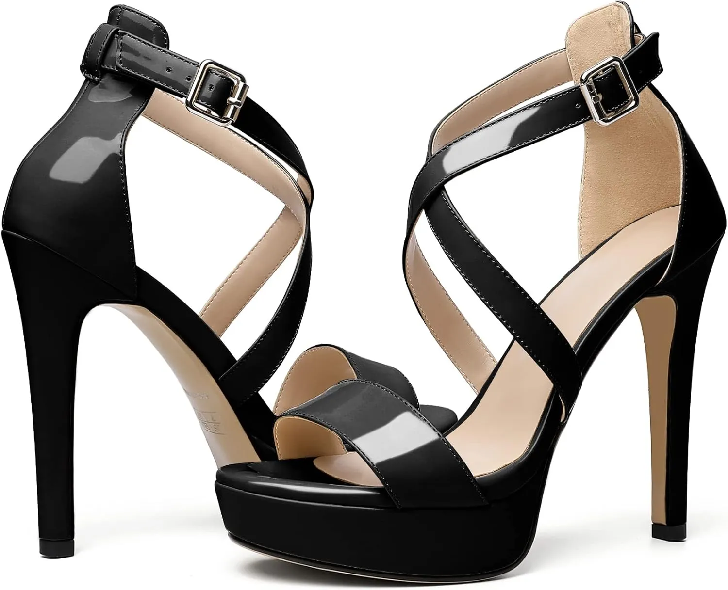 AUMOTED Women Cross Strappy Peep Open Toe Sandals Platform Ankle-Strap Stiletto High Heel Dress Shoes Wedding Patent 4.7 Inch Sandals