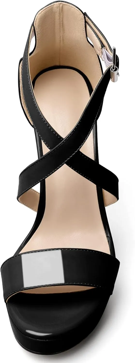 AUMOTED Women Cross Strappy Peep Open Toe Sandals Platform Ankle-Strap Stiletto High Heel Dress Shoes Wedding Patent 4.7 Inch Sandals