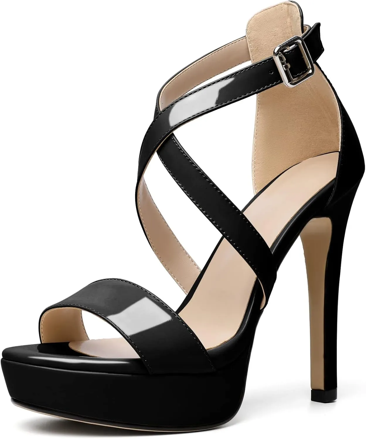 AUMOTED Women Cross Strappy Peep Open Toe Sandals Platform Ankle-Strap Stiletto High Heel Dress Shoes Wedding Patent 4.7 Inch Sandals