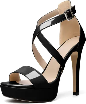 AUMOTED Women Cross Strappy Peep Open Toe Sandals Platform Ankle-Strap Stiletto High Heel Dress Shoes Wedding Patent 4.7 Inch Sandals