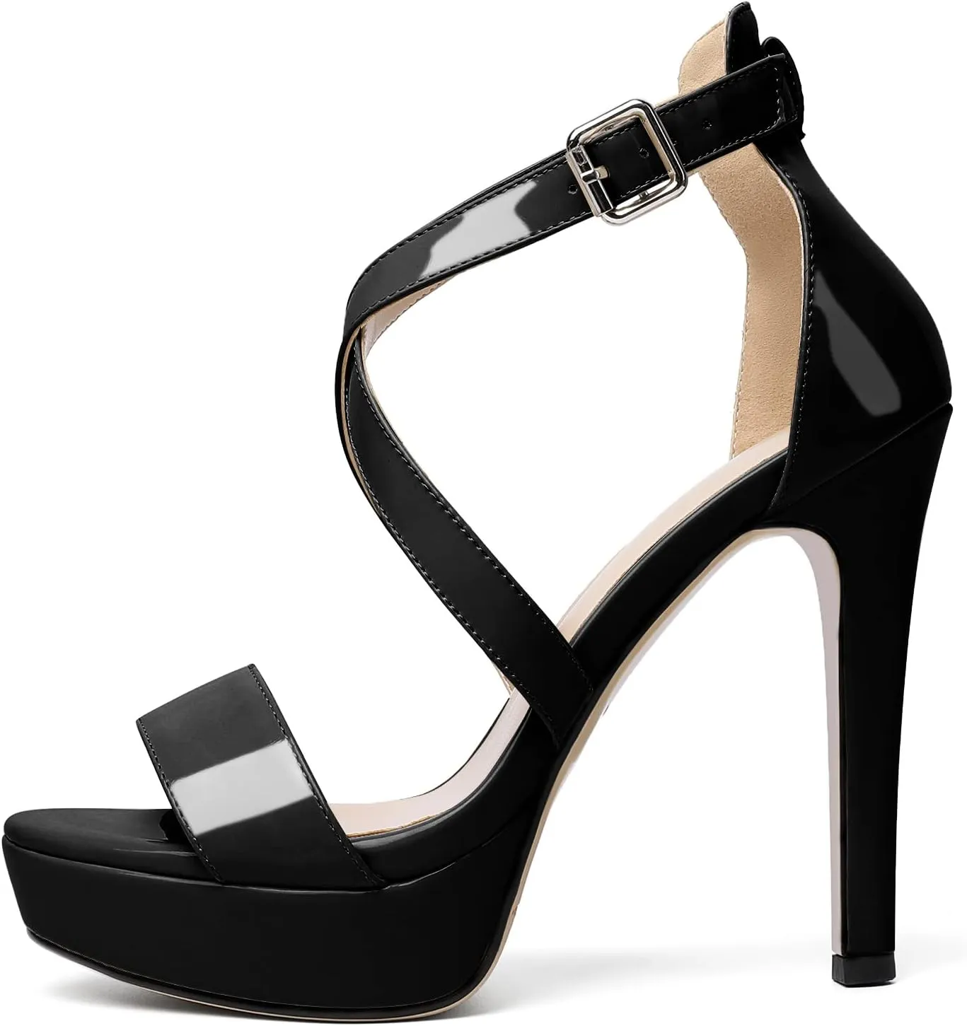 AUMOTED Women Cross Strappy Peep Open Toe Sandals Platform Ankle-Strap Stiletto High Heel Dress Shoes Wedding Patent 4.7 Inch Sandals