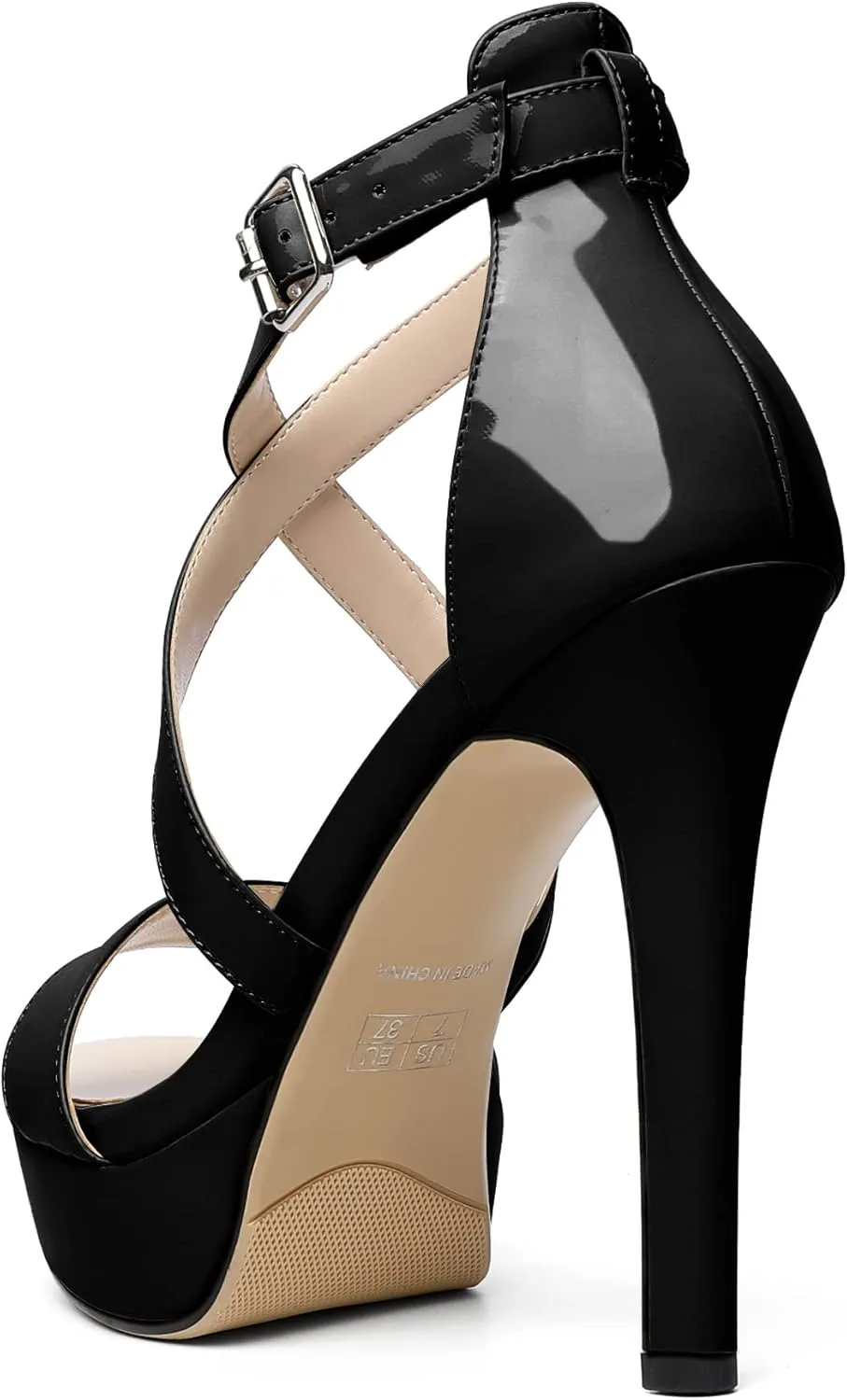 AUMOTED Women Cross Strappy Peep Open Toe Sandals Platform Ankle-Strap Stiletto High Heel Dress Shoes Wedding Patent 4.7 Inch Sandals