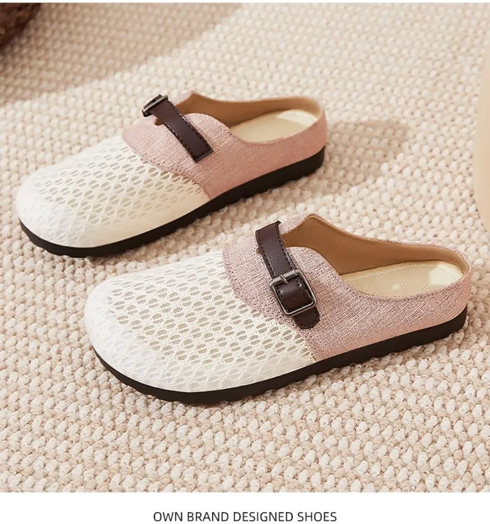 Backless Tennis Shoes for Women Mule Slippers Non-Slip Mesh Walking Clogs Garden Shoes Lightweight Breathable Flats with Straps Casual Comfort Slip On Slides Office Business Summer Travel Driving