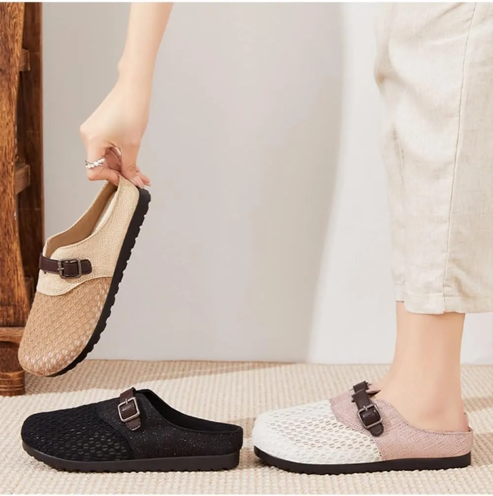 Backless Tennis Shoes for Women Mule Slippers Non-Slip Mesh Walking Clogs Garden Shoes Lightweight Breathable Flats with Straps Casual Comfort Slip On Slides Office Business Summer Travel Driving